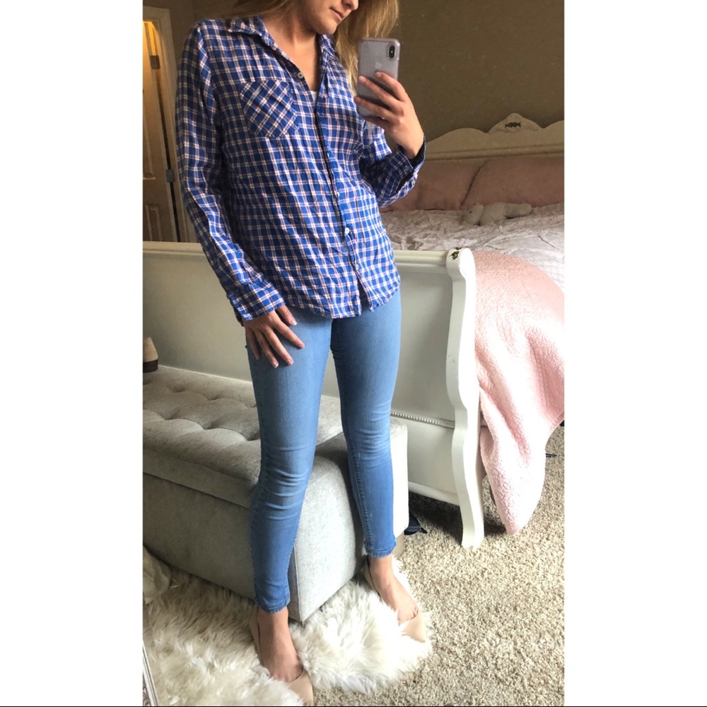 Red, white and blue checked/plaid button down!